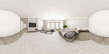 Interior design in minimalist style the bedroom room area. using wood material and light gray cloth...