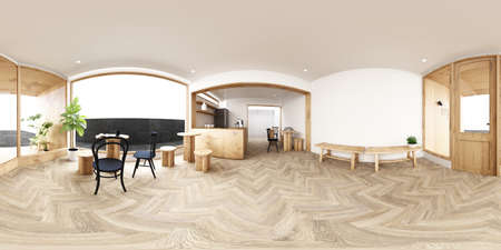coffee shop minimalist style with wooden materials and gradually white tones. created by animation...