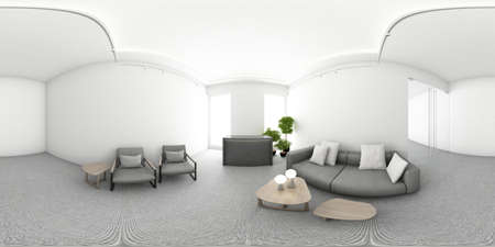 Contemporary spacious office room interior with city view and daylight. Workplace design concept with carpet floor and office furniture reception hall white. 3D Rendering 360 degree panoramic viewの写真素材