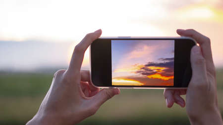 woman hands holding mobile phone at sunsetの写真素材