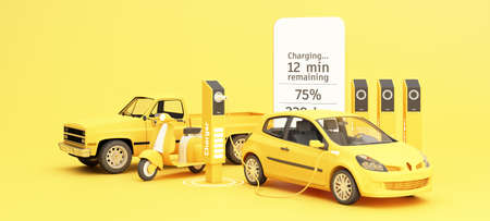 The electric car is refueling through the charger and shows on the phone screen. Indicates charging status and has scooter and pickup truck on the side. on a yellow background 3d renderingの写真素材