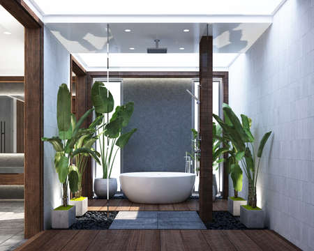 design of modern contemporary wood bathroom with concrete tile floor and rock stone wall decoration...