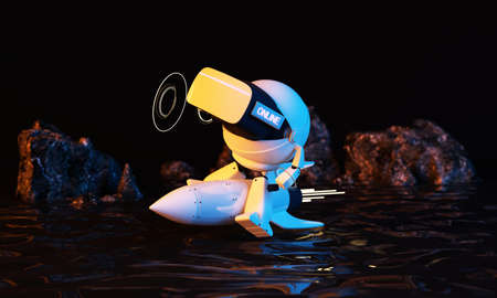 astronaut robot Riding a rocket in virtual world environments rock and sea Metaverse technology...