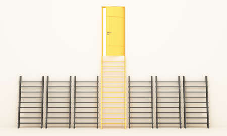 yellow door of success with a light inside, ladder leaning against the wall. that requires more...