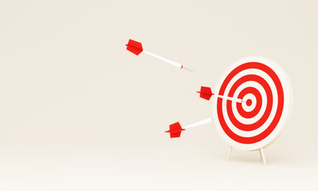 Dart hitting a target on the center on white background with copy space. Minimal concept. 3d render...