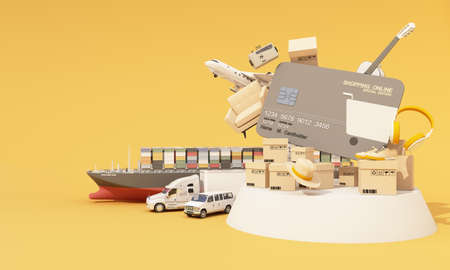 international transport shipping concept with credit card surrounded by cardboard boxes, a cargo container ship, a flying plane, a van and a truck isolated on yellow background realistic 3D renderingの写真素材