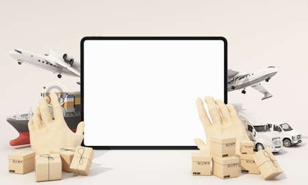 international transport shipping concept with tablet screen VR surrounded by cardboard boxes, a cargo container ship, a flying plane, a van and a truck isolated on white background 3D renderingの写真素材