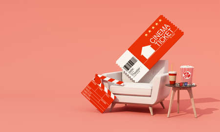 The concept of watching movies online at home. Vr headset Surrounded by movie equipment, movie tickets, film reels, movie cameras Popcorn and drinks isolated on background 3d renderingの写真素材