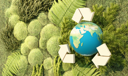 Green earth recycle concept Earth day surrounded by globes, trees, leaf and plant on a garden...