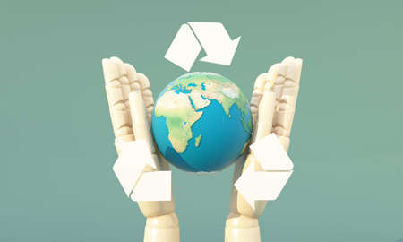 Green earth recycle concept Earth day surrounded by globes, recycle symbol icon and wooden hand on a...