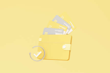 yellow Wallet and grey Credit card and symbol of successful transfer on yellow pastel background....