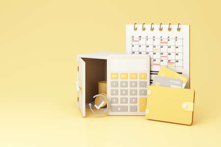 Wallet with cash and gold coin, credit card floating with safe box and calendar, on yellow pastel background. money-saving, cashless society concept. realistic 3d render illustrationの写真素材