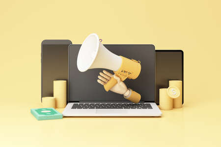 business promotion, advertising, call through the horn, online alerting with megaphone and online social media isolated on pastel color background realistic 3d renderingの写真素材