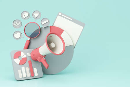 business promotion, advertising, call through the horn, online alerting with megaphone and online social media isolated on pastel color background realistic 3d renderingの写真素材