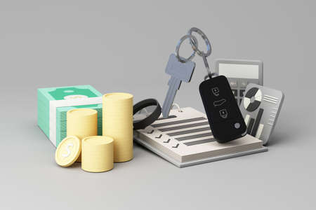 Dealer giving keys chain to a buyer. car rental or sale and car insurance or savings to buy a car concept with money cash and calculator and money coins on pastel background 3d renderingの写真素材