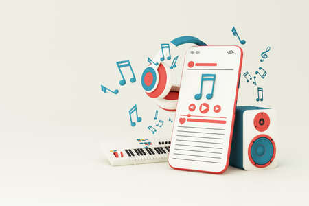 Electric piano keyboard surrounded by speakers, headphones, smart phone with song play list and...