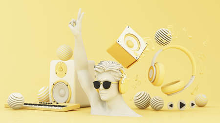 sunglasses and headphone on human head sculpture surrounded by speakers, headphones, smart phone...