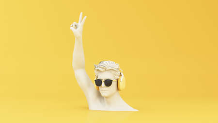 Minimal scene of sunglasses and headphone on human head sculpture, Music concept on yellow background, 3d rendering.の写真素材