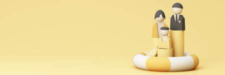 Concept of money protection, financial savings life insurance. Secure investment, surrounding by gold coin and cash with piggy bank isolated on pastel widescreen background realistic 3d render.の写真素材