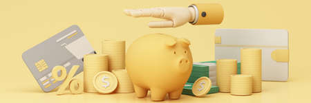 Concept of money protection, financial savings life insurance. Secure investment, surrounding by gold coin and cash with piggy bank isolated on pastel widescreen background realistic 3d render.の写真素材