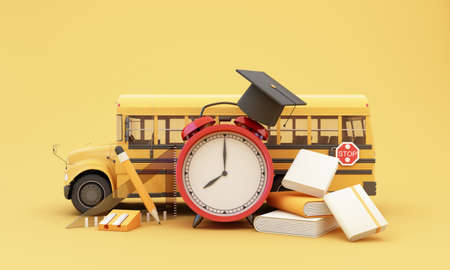Back to school with school supplies and equipment. School bus with school accessories and books on...