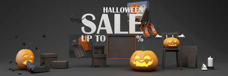 Halloween Sale Promotion Poster  with Halloween Pumpkin and fashion shopping clothes and gift box with Product podium scene. Website spooky, Background for banner Halloween. wide screen -3d renderの写真素材