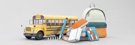 Back to school with school supplies and equipment. School bus with school accessories and books on...