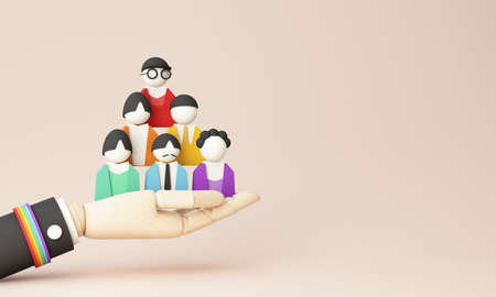 Hands holding, LGBTQ people isolated. cartoon character with globe. Concept of homosexual, gay community, tolerant LGBTQ society. Lesbians and gays as representatives of LGBT people. -3d renderの写真素材