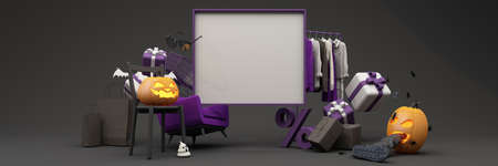 Halloween Sale Promotion Poster  with Halloween Pumpkin and fashion shopping clothes and gift box with Product podium scene. Website spooky, Background for banner Halloween. wide screen -3d renderの写真素材