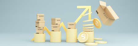 Shopping cart with red upward arrow Surrounded by cardboard boxes and stock charts money as...