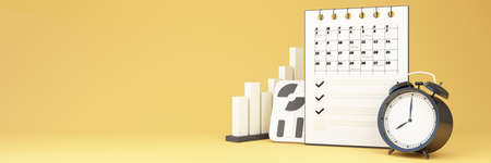 Week working day and holiday concept surrounded by work charts and yellow clock on white background....