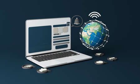 Businessman using laptop. Business global internet connection application technology and digital marketing, Financial and banking, Digital link tech, big data. cartoon model -3d renderingの写真素材