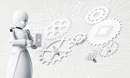 Robot cybernetic organism works with a virtual HUD interface in reality and Ai chip with cogwheel....