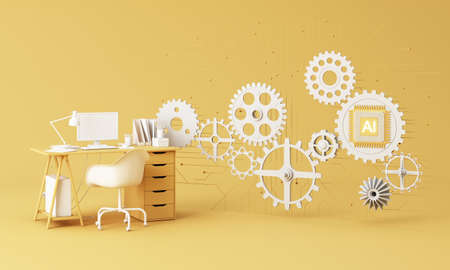 Yellow work desk with laptop computer In the future that works with artificial intelligence and...
