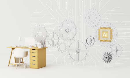 Yellow work desk with laptop computer In the future that works with artificial intelligence and...