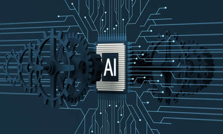 Artificial intelligence web banner. of a processor chip. The process of data processing....