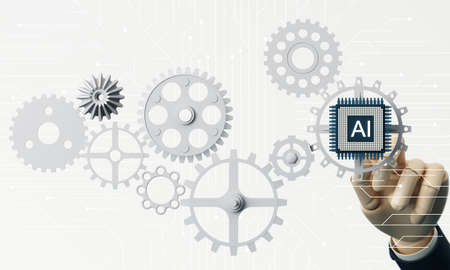 Artificial intelligence web banner. of a processor chip and human hand. The process of data...
