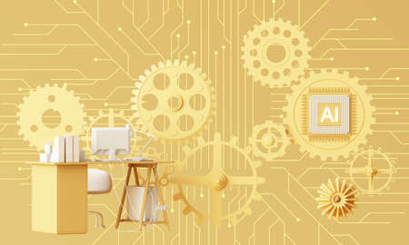 Yellow work desk with laptop computer In the future that works with artificial intelligence and...