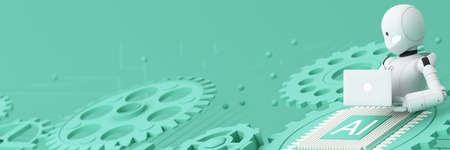 Robot cybernetic organism works with a virtual HUD interface in reality and Ai chip with cogwheel....