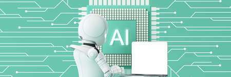Robot cybernetic organism works with a virtual HUD interface in reality and Ai chip with cogwheel....