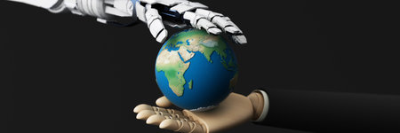 robot hand holding the world or planet earth. Ai or Artificial Intelligence concept. with telephone on blue background. 3d renderingの写真素材