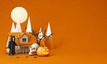 Happy Halloween party posters set with night clouds and pumpkins in cartoon illustration. Full moon,...