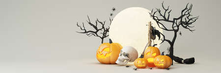 Happy Halloween party posters set with night clouds and pumpkins in cartoon illustration. Full moon, witch cauldron, spiders web and skull. Place for text. wide screen background. 3d renderの写真素材
