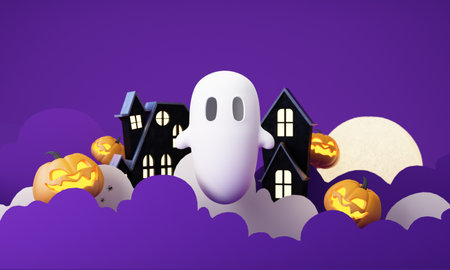 Happy Halloween party posters set with night clouds and pumpkins in cartoon illustration. Full moon and boo ghost with haunted house Place for text. Brochure background. 3d render cartoon characterの写真素材