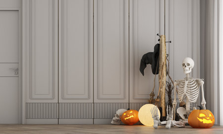Halloween party poster in a modern classic haunted house bedroom with jack-o'-lantern pumpkins. Full moon lamps, witches' cauldrons, spider webs and skulls on the floor. 3d rendering illustationの写真素材