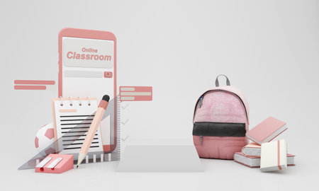 Back to school join to online learning with school supplies and equipment. laptop computer screen...