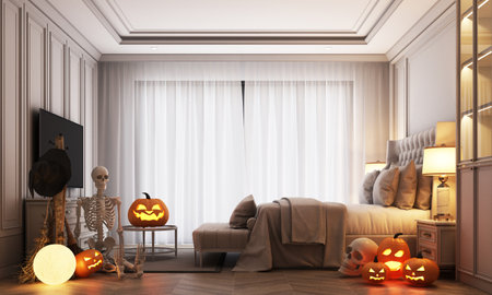 Halloween party poster in a modern classic haunted house bedroom with jack-o'-lantern pumpkins. Full moon lamps, witches' cauldrons, spider webs and skulls on the floor. 3d rendering illustationの写真素材