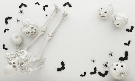 Happy Halloween party posters with spider web bat with pumpkins in cartoon illustration. Full moon and boo ghost with human hand and head skeleton. concrete texture top view background. 3d renderingの写真素材