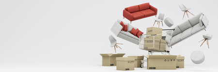 interior design concept Sale of home decorations and furniture During promotions and discounts, it is surrounded by beds, sofas, armchairs and advertising spaces banner. pastel background. 3d renderの写真素材