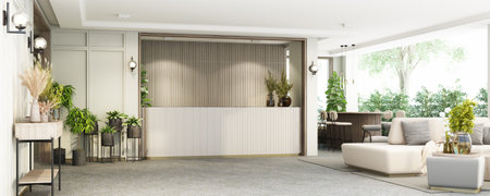 Interior of modern office of hotel reception and waiting room and gray furniture with white and...
